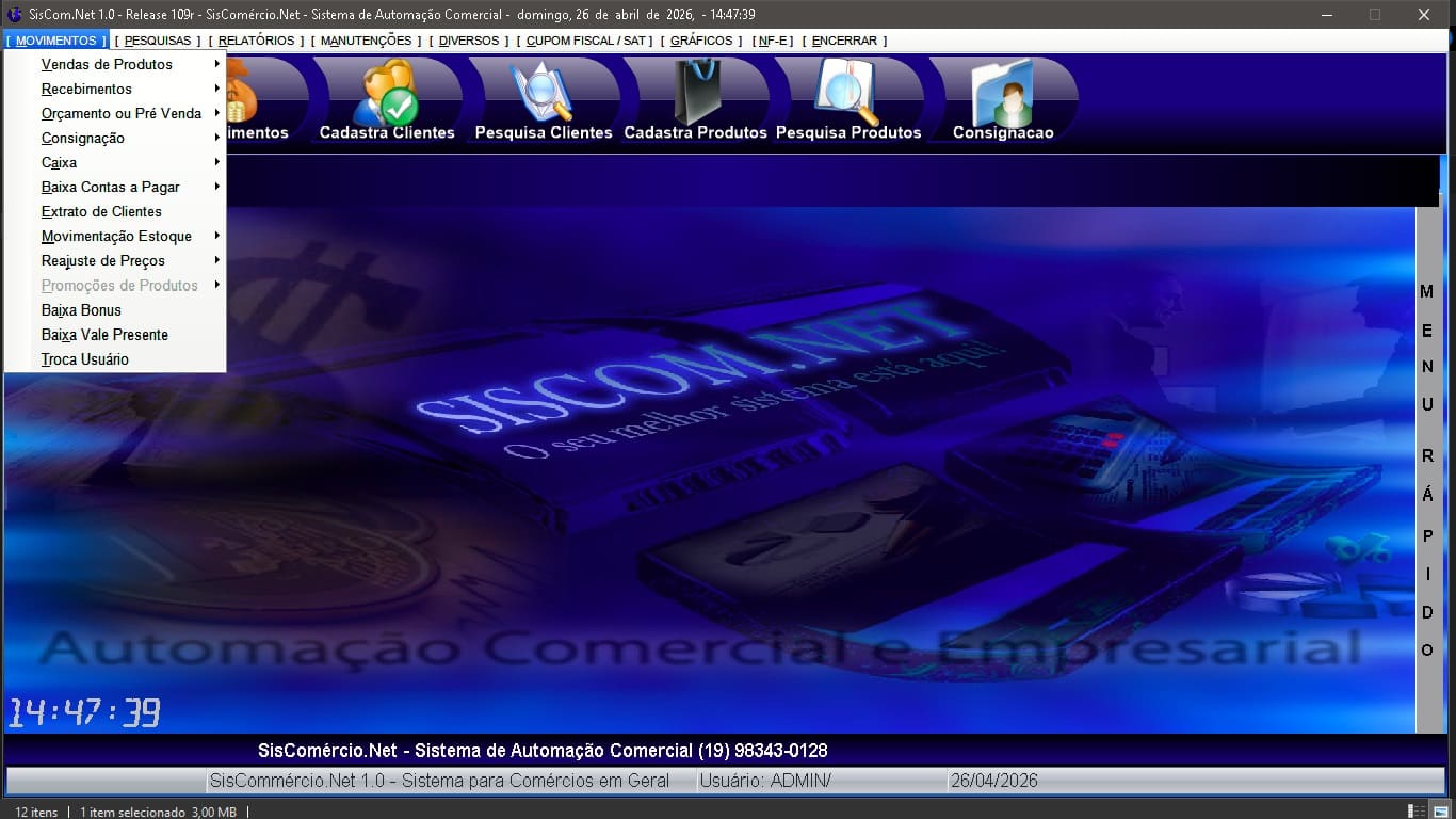 Menu principal do SisComercial.com